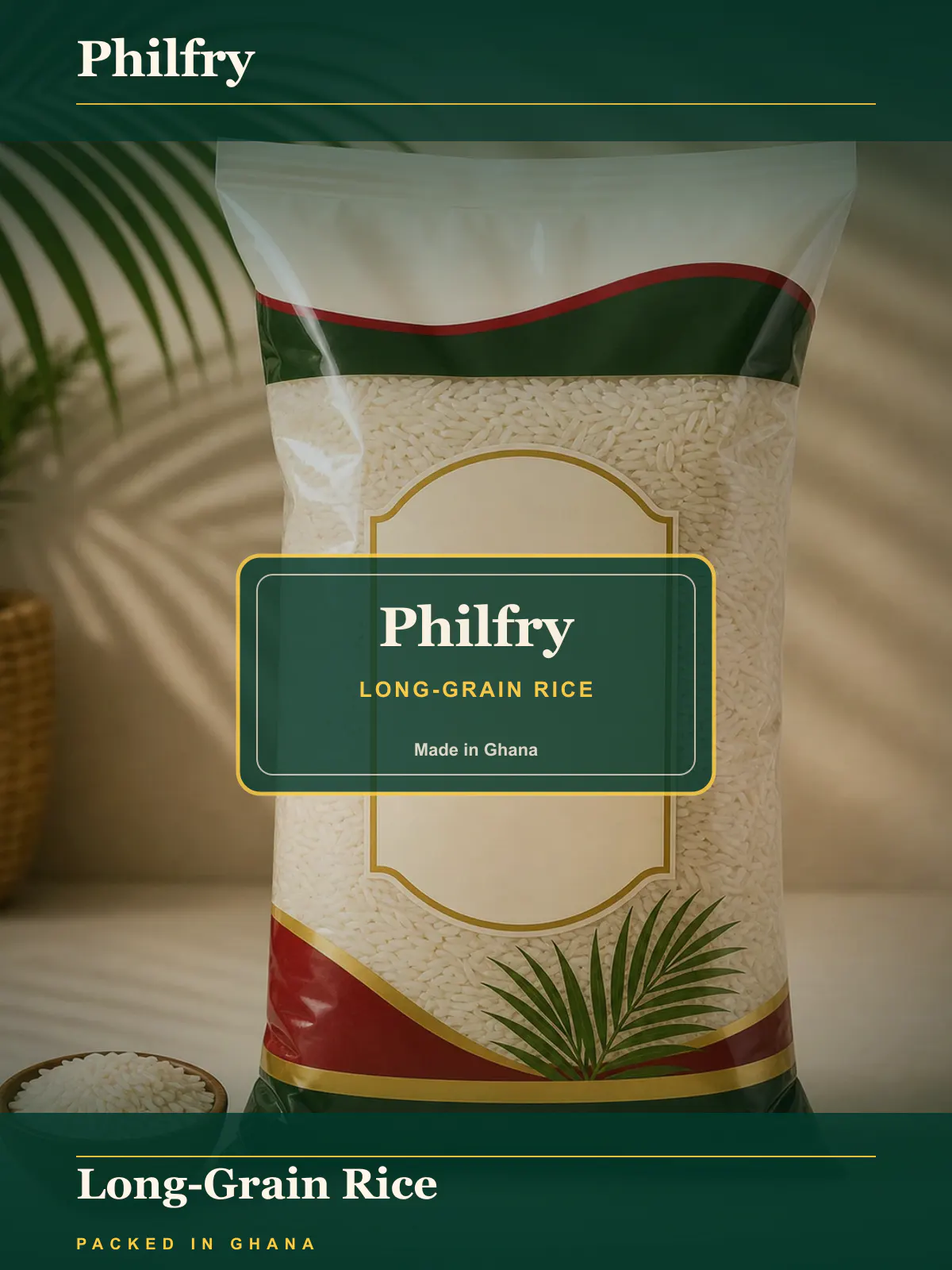 Philfry Rice — Long-grain rice, packed in Ghana.